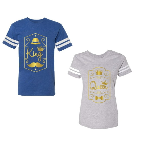 King Queen Pentagon Gold Unisex Couple Matching Cotton Jersey style T-Shirt Contrasting stripes on sleeves (Men Royal / Women Heather) (Men M / Women L)