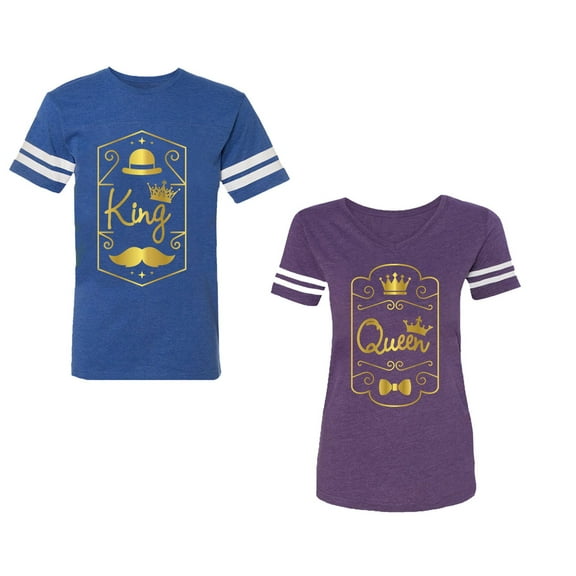 King Queen Pentagon Gold Unisex Couple Matching Cotton Jersey style T-Shirt Contrasting stripes on sleeves (Men Royal / Women Purple) (Men S / Women XL)