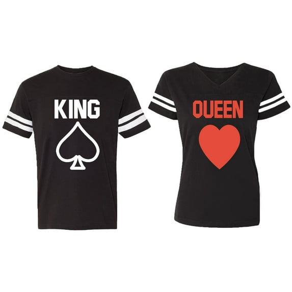 King Queen Poker Matching Couple Cotton Jerseys (Men Black / Women Black) (Men L / Women M)