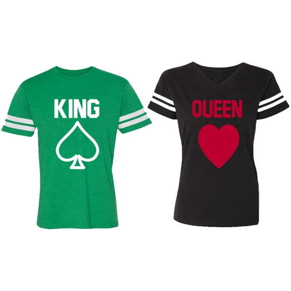 King Queen Poker Matching Couple Cotton Jerseys (Men Green / Women Black) (Men S / Women S)