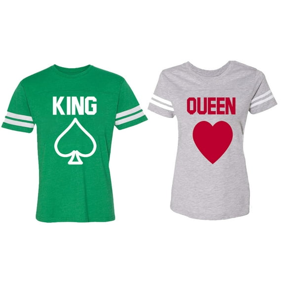 King Queen Poker Matching Couple Cotton Jerseys (Men Green / Women Heather) (Men L / Women S)