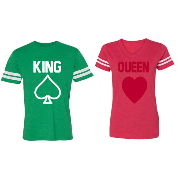 King Queen Poker Matching Couple Cotton Jerseys (Men Green / Women Red) (Men L / Women XXL)