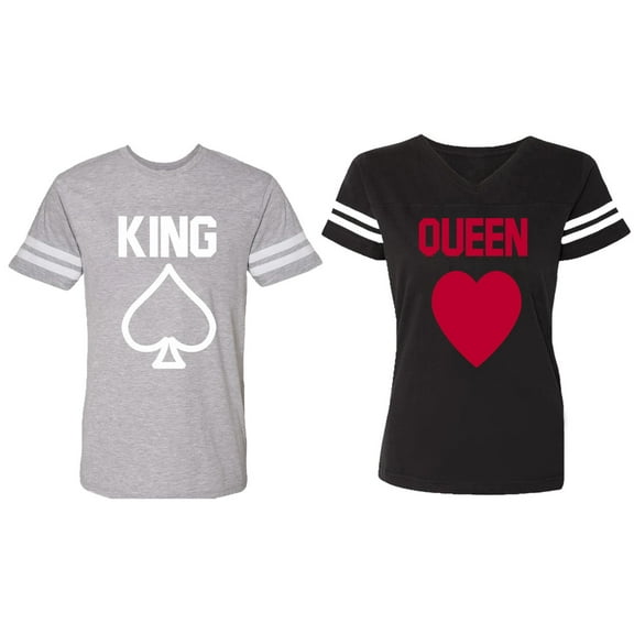 King Queen Poker Matching Couple Cotton Jerseys (Men Heather / Women Black) (Men S / Women S)