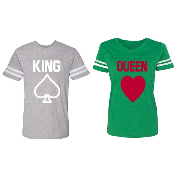 King Queen Poker Matching Couple Cotton Jerseys (Men Heather / Women Green) (Men XL / Women XL)