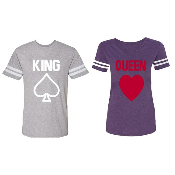 King Queen Poker Matching Couple Cotton Jerseys (Men Heather / Women Purple) (Men S / Women XXL)
