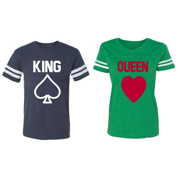 King Queen Poker Matching Couple Cotton Jerseys (Men Navy / Women Green) (Men XL / Women M)