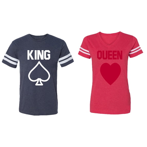 King Queen Poker Matching Couple Cotton Jerseys (Men Navy / Women Red) (Men S / Women XXL)