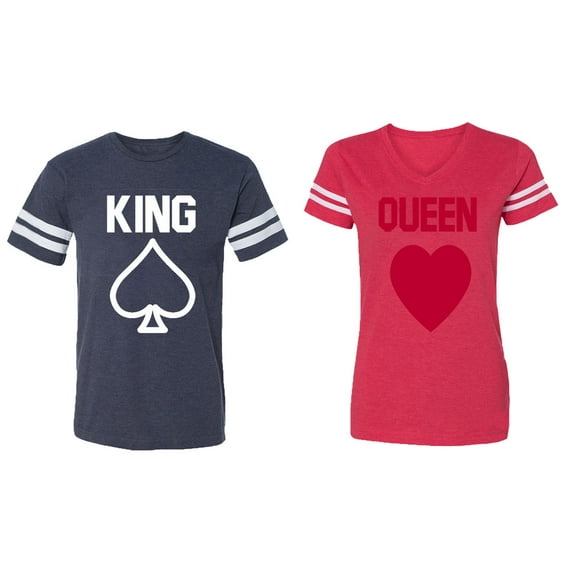 King Queen Poker Matching Couple Cotton Jerseys (Men Navy / Women Red) (Men XL / Women S)