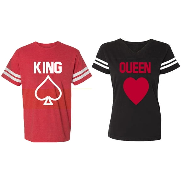 King Queen Poker Matching Couple Cotton Jerseys (Men Red / Women Black) (Men M / Women L)