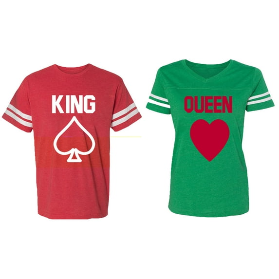King Queen Poker Matching Couple Cotton Jerseys (Men Red / Women Green) (Men M / Women M)