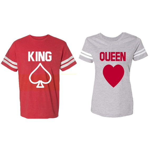 King Queen Poker Matching Couple Cotton Jerseys (Men Red / Women Heather) (Men XL / Women XL)