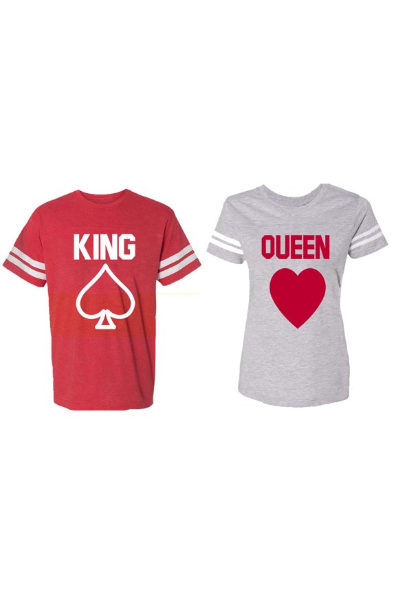 King Queen Poker Matching Couple Cotton Jerseys (Men Red / Women Heather) (Men XL / Women XL)