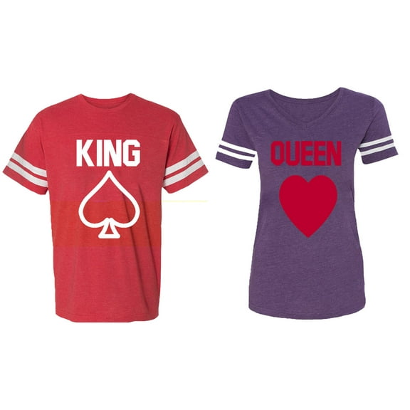 King Queen Poker Matching Couple Cotton Jerseys (Men Red / Women Purple) (Men L / Women XL)