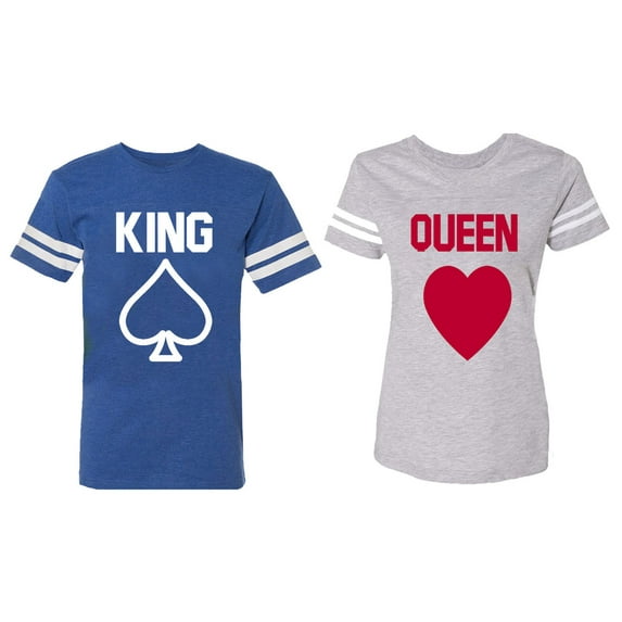 King Queen Poker Matching Couple Cotton Jerseys (Men Royal / Women Heather) (Men XL / Women S)