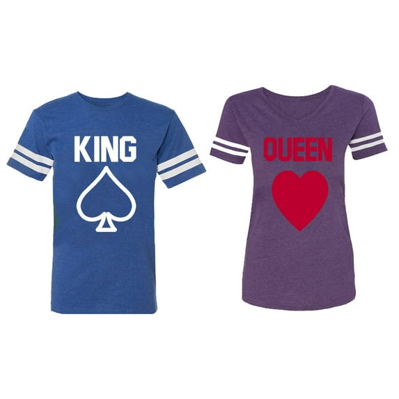 King Queen Poker Matching Couple Cotton Jerseys (Men Royal / Women Purple) (Men M / Women XL)