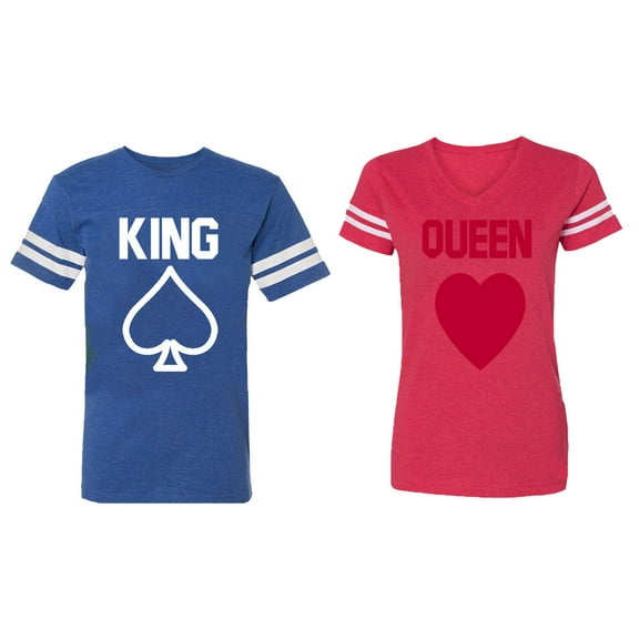 King Queen Poker Matching Couple Cotton Jerseys (Men Royal / Women Red) (Men S / Women S)
