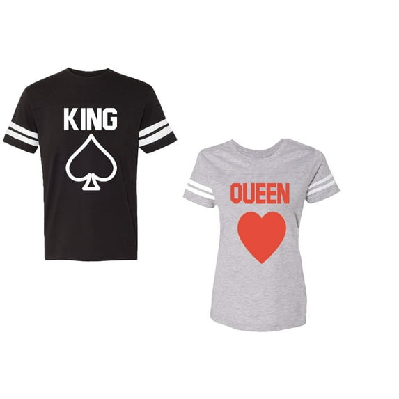 King Queen Poker Unisex Couple Matching Cotton Jersey style T-Shirt Contrasting stripes on sleeves (Men Black / Women Heather) (Men L / Women L)