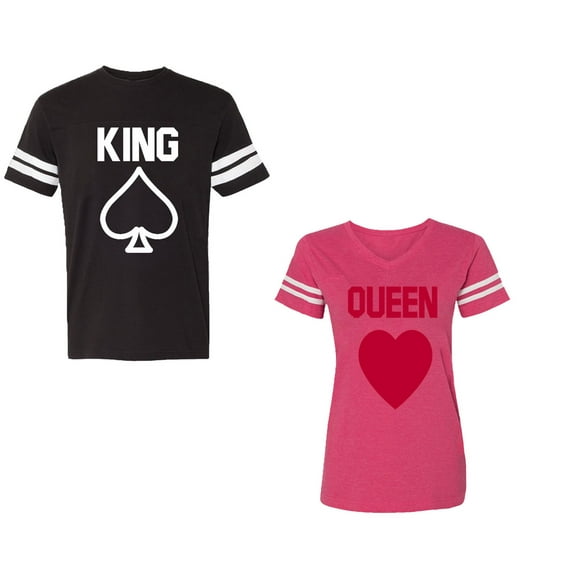 King Queen Poker Unisex Couple Matching Cotton Jersey style T-Shirt Contrasting stripes on sleeves (Men Black / Women Pink) (Men XL / Women XXL)