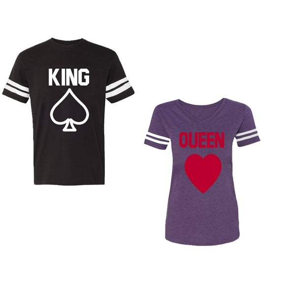 King Queen Poker Unisex Couple Matching Cotton Jersey style T-Shirt Contrasting stripes on sleeves (Men Black / Women Purple) (Men XXL / Women L)