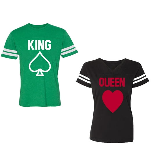King Queen Poker Unisex Couple Matching Cotton Jersey style T-Shirt Contrasting stripes on sleeves (Men Green / Women Black) (Men S / Women S)