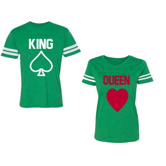 King Queen Poker Unisex Couple Matching Cotton Jersey style T-Shirt Contrasting stripes on sleeves (Men Green / Women Green) (Men XXL / Women S)