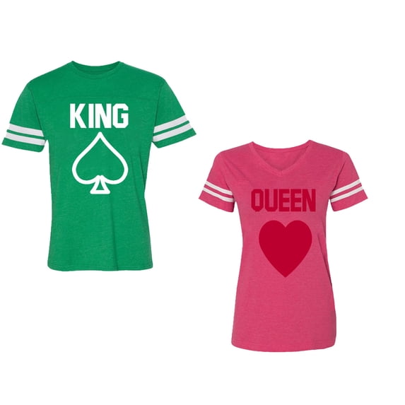 King Queen Poker Unisex Couple Matching Cotton Jersey style T-Shirt Contrasting stripes on sleeves (Men Green / Women Pink) (Men S / Women XL)