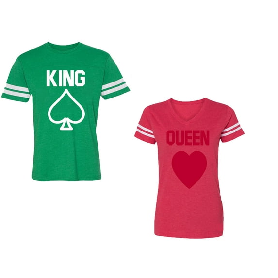 King Queen Poker Unisex Couple Matching Cotton Jersey style T-Shirt Contrasting stripes on sleeves (Men Green / Women Red) (Men L / Women S)