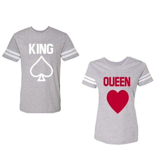 King Queen Poker Unisex Couple Matching Cotton Jersey style T-Shirt Contrasting stripes on sleeves (Men Heather / Women Heather) (Men M / Women XL)