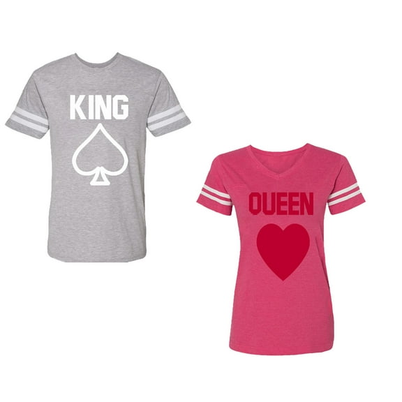 King Queen Poker Unisex Couple Matching Cotton Jersey style T-Shirt Contrasting stripes on sleeves (Men Heather / Women Pink) (Men L / Women S)