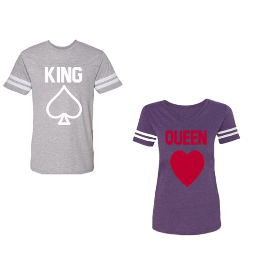 King Queen Poker Unisex Couple Matching Cotton Jersey style T-Shirt Contrasting stripes on sleeves (Men Heather / Women Purple) (Men S / Women S)