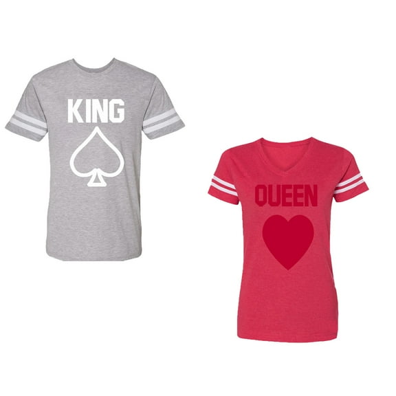 King Queen Poker Unisex Couple Matching Cotton Jersey style T-Shirt Contrasting stripes on sleeves (Men Heather / Women Red) (Men S / Women XL)