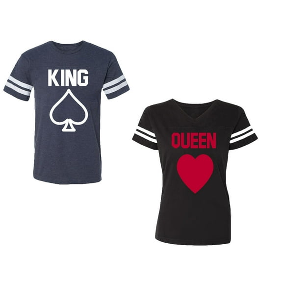King Queen Poker Unisex Couple Matching Cotton Jersey style T-Shirt Contrasting stripes on sleeves (Men Navy / Women Black) (Men XXXL / Women XXL)
