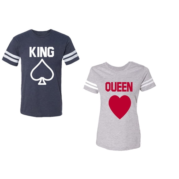 King Queen Poker Unisex Couple Matching Cotton Jersey style T-Shirt Contrasting stripes on sleeves (Men Navy / Women Heather) (Men XXL / Women XL)