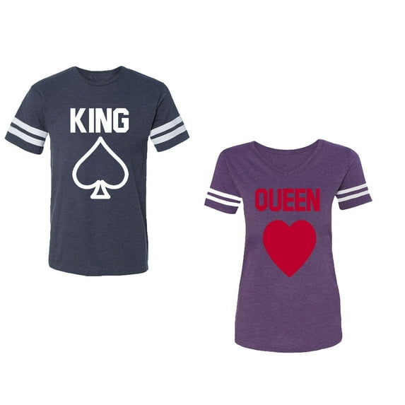 King Queen Poker Unisex Couple Matching Cotton Jersey style T-Shirt Contrasting stripes on sleeves (Men Navy / Women Purple) (Men M / Women L)