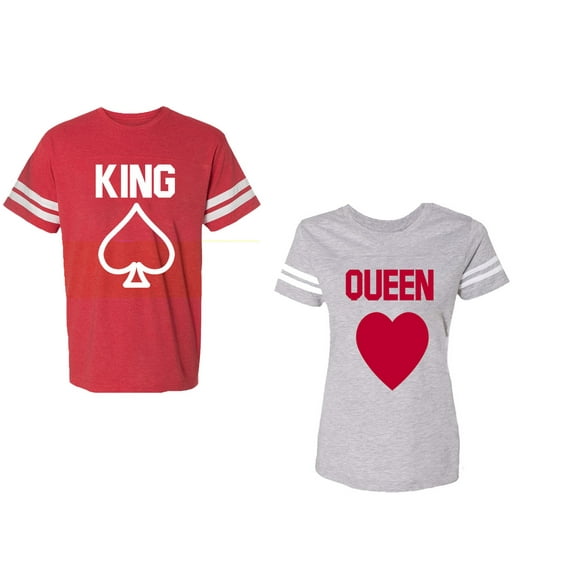 King Queen Poker Unisex Couple Matching Cotton Jersey style T-Shirt Contrasting stripes on sleeves (Men Red / Women Heather) (Men S / Women M)