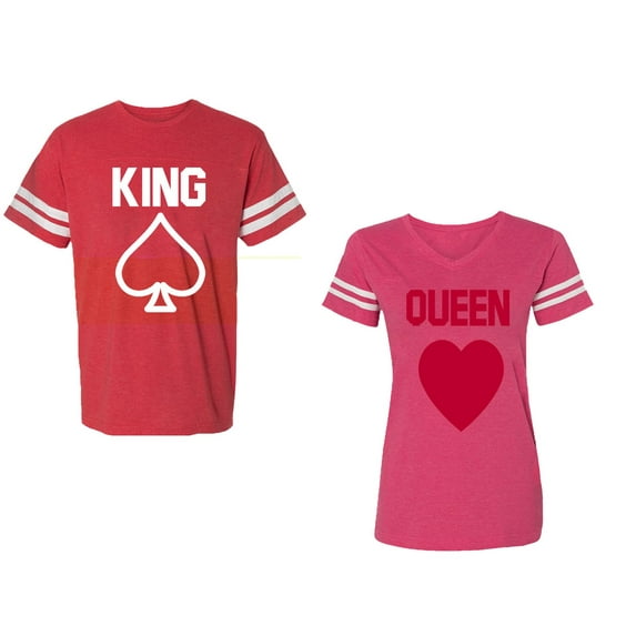King Queen Poker Unisex Couple Matching Cotton Jersey style T-Shirt Contrasting stripes on sleeves (Men Red / Women Pink) (Men XL / Women L)