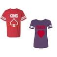 thumbnail image 1 of King Queen Poker Unisex Couple Matching Cotton Jersey style T-Shirt Contrasting stripes on sleeves (Men Red / Women Purple) (Men S / Women XXL), 1 of 3