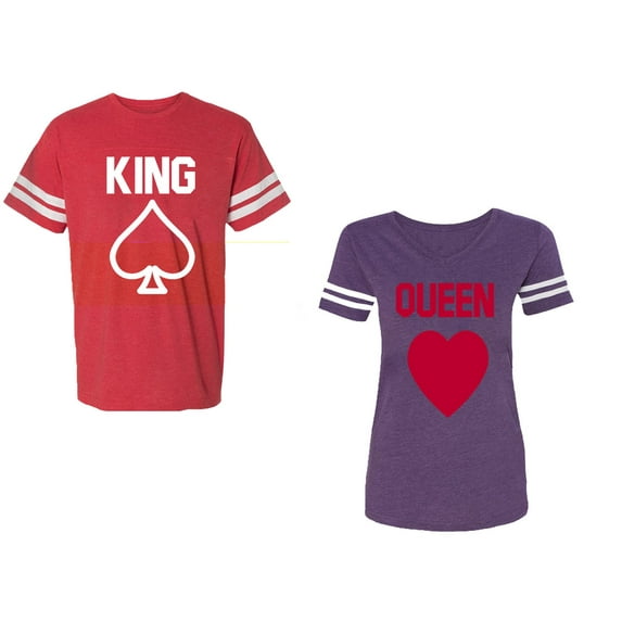 King Queen Poker Unisex Couple Matching Cotton Jersey style T-Shirt Contrasting stripes on sleeves (Men Red / Women Purple) (Men S / Women XXL)