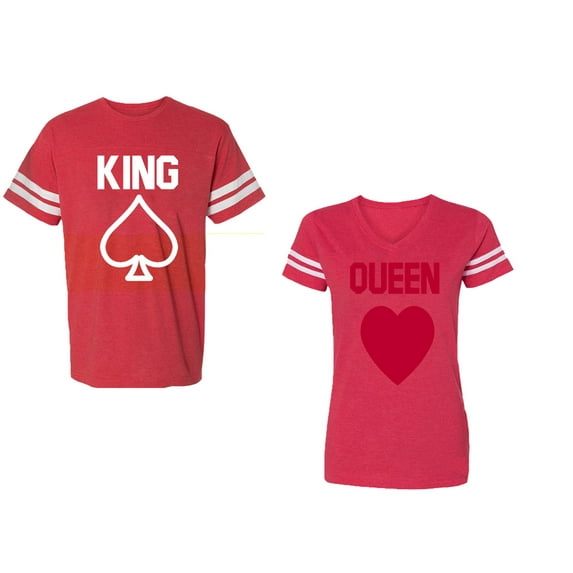 King Queen Poker Unisex Couple Matching Cotton Jersey style T-Shirt Contrasting stripes on sleeves (Men Red / Women Red) (Men XXL / Women S)