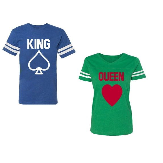 King Queen Poker Unisex Couple Matching Cotton Jersey style T-Shirt Contrasting stripes on sleeves (Men Royal / Women Green) (Men XL / Women XXL)