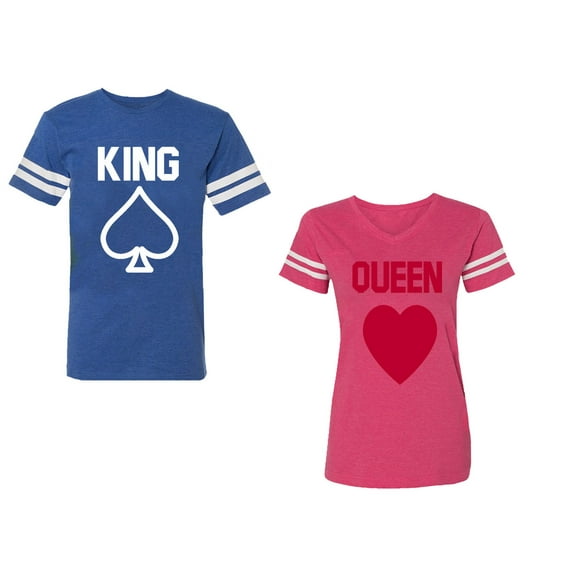 King Queen Poker Unisex Couple Matching Cotton Jersey style T-Shirt Contrasting stripes on sleeves (Men Royal / Women Pink) (Men XXL / Women M)