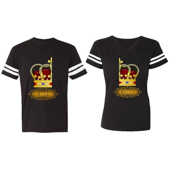 King Queen Red Gold Crown Matching Couple Cotton Jerseys (Men Black / Women Black) (Men L / Women XL)