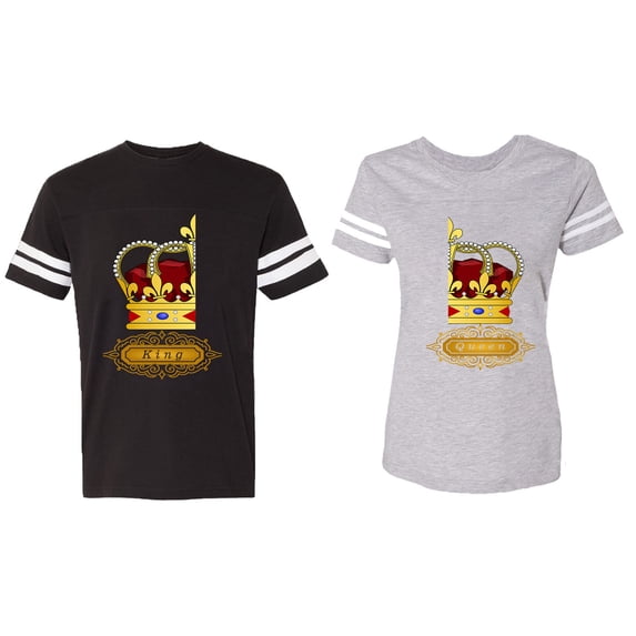 King Queen Red Gold Crown Matching Couple Cotton Jerseys (Men Black / Women Heather) (Men L / Women M)