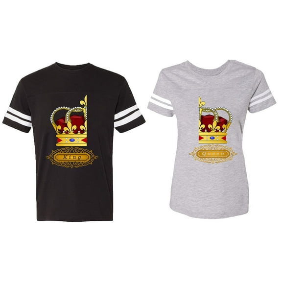 King Queen Red Gold Crown Matching Couple Cotton Jerseys (Men Black / Women Heather) (Men M / Women XL)