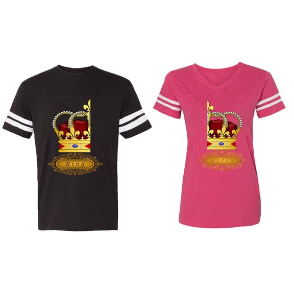 King Queen Red Gold Crown Matching Couple Cotton Jerseys (Men Black / Women Pink) (Men L / Women XL)