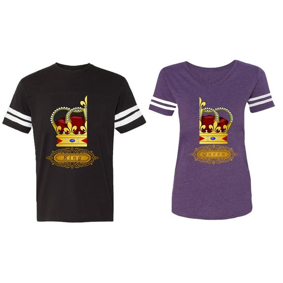 King Queen Red Gold Crown Matching Couple Cotton Jerseys (Men Black / Women Purple) (Men M / Women XXL)