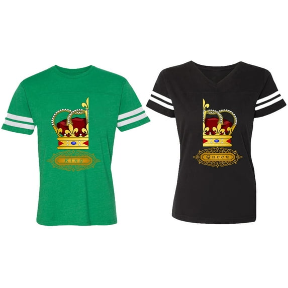 King Queen Red Gold Crown Matching Couple Cotton Jerseys (Men Green / Women Black) (Men S / Women S)