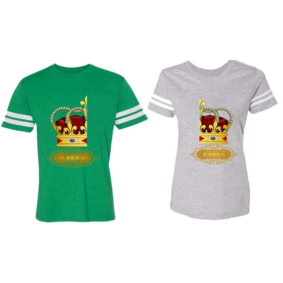 King Queen Red Gold Crown Matching Couple Cotton Jerseys (Men Green / Women Heather) (Men XL / Women L)