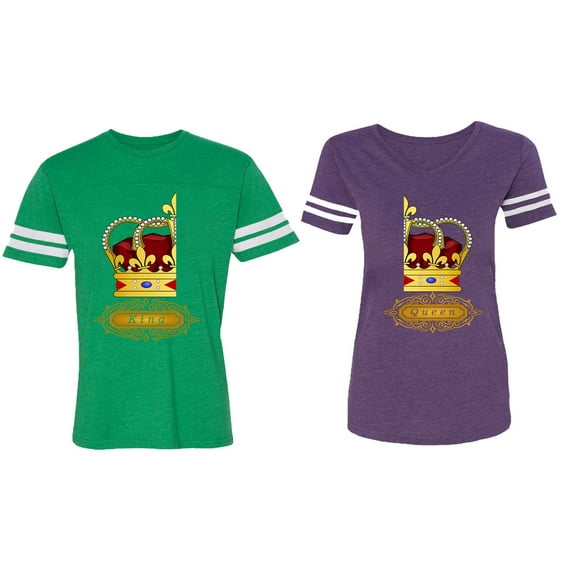King Queen Red Gold Crown Matching Couple Cotton Jerseys (Men Green / Women Purple) (Men L / Women L)