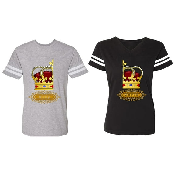 King Queen Red Gold Crown Matching Couple Cotton Jerseys (Men Heather / Women Black) (Men S / Women XL)
